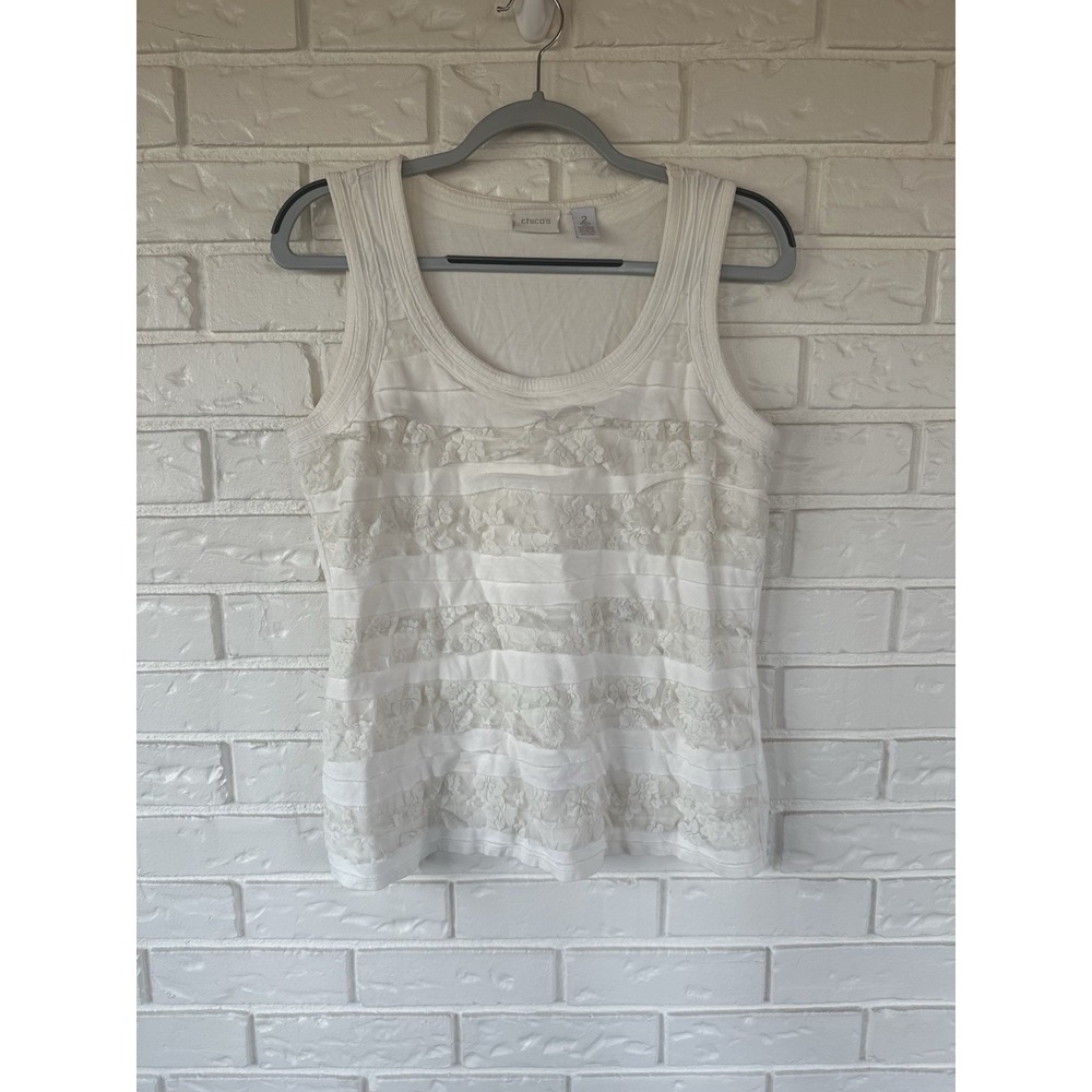 Chico's Top Size 2 Ivory Sleeveless Cotton Blend Lace Layers Scoop Neck MW